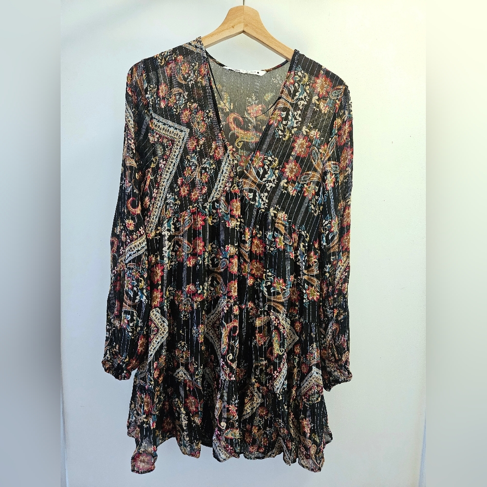 Zara Metallic Thread Paisley Print Boho Mini Dress